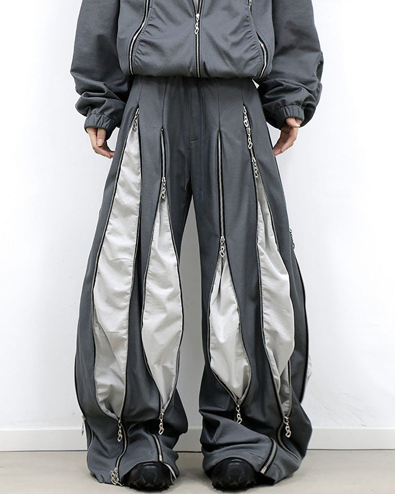 Layered Multi-Zip Drawstring Sweatpants Gray