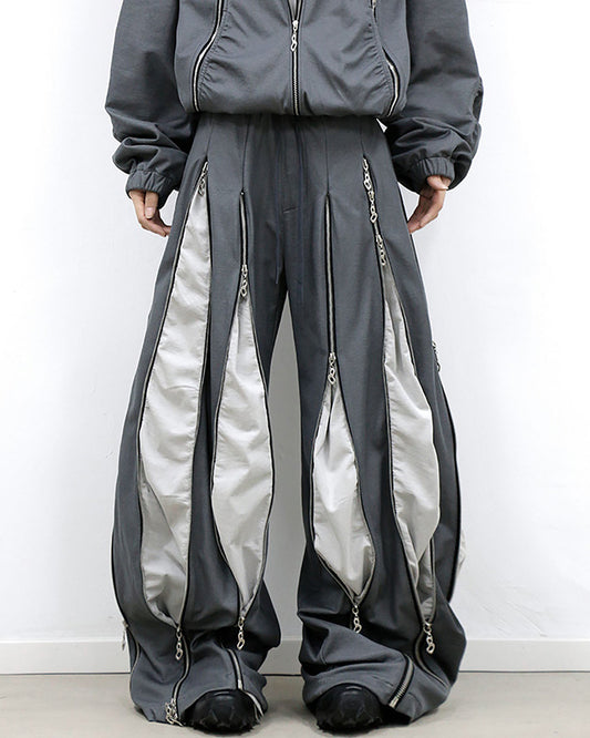 Layered Multi-Zip Drawstring Sweatpants Gray