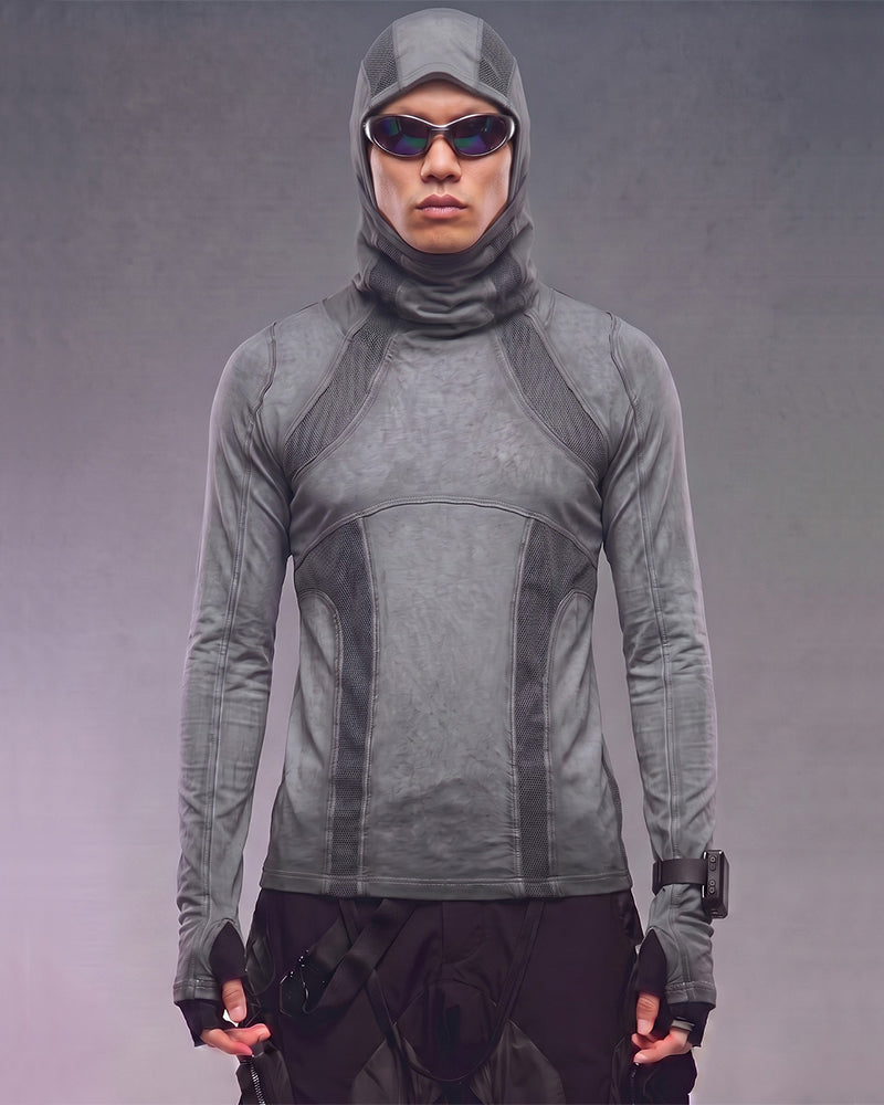 Wasteland Mesh‑Patchwork Ninja‑Hood Long‑Sleeve T-Shirt