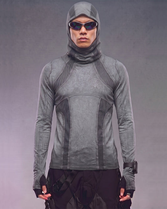 Wasteland Mesh‑Patchwork Ninja‑Hood Long‑Sleeve T-Shirt