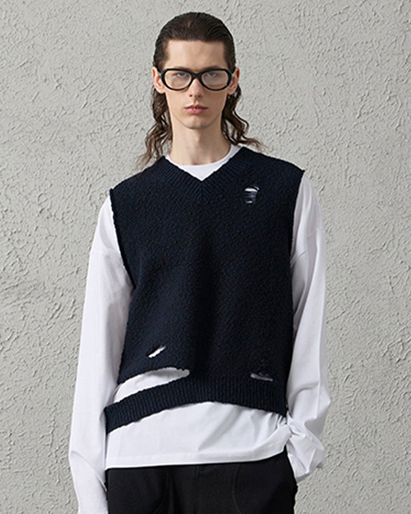Asymmetrical Distressed Bubble-Knit Vest