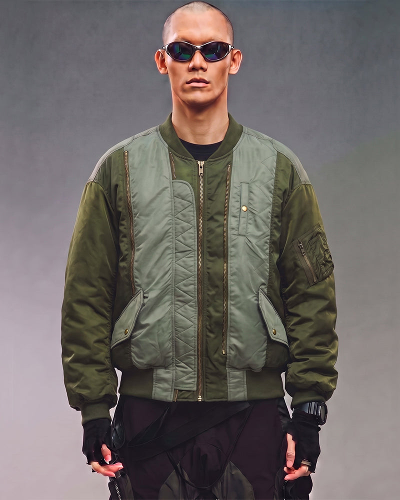Deconstructed Color-Block Multi-Zip Military Jacket
