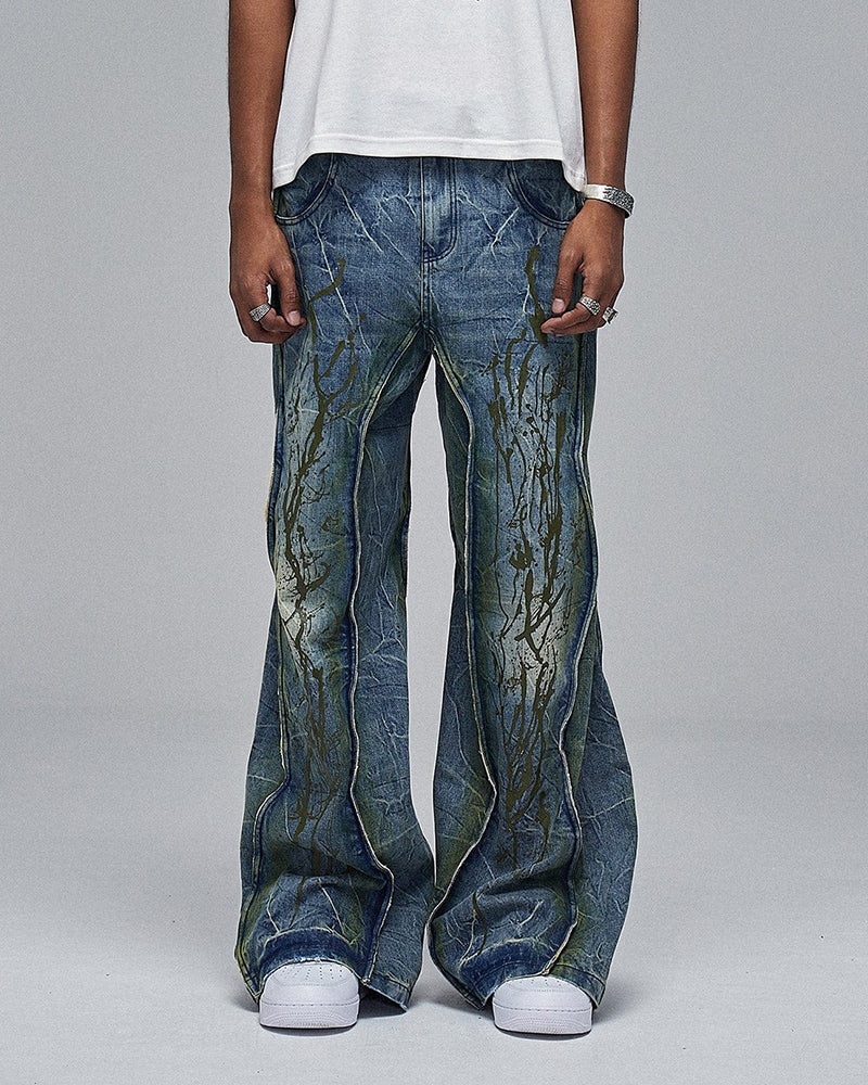 Ripple Spliced Washed Jeans