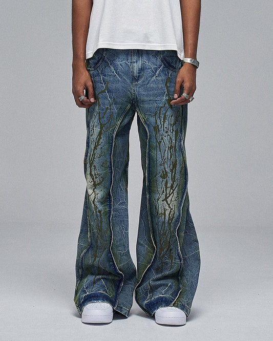 Ripple Spliced Washed Jeans