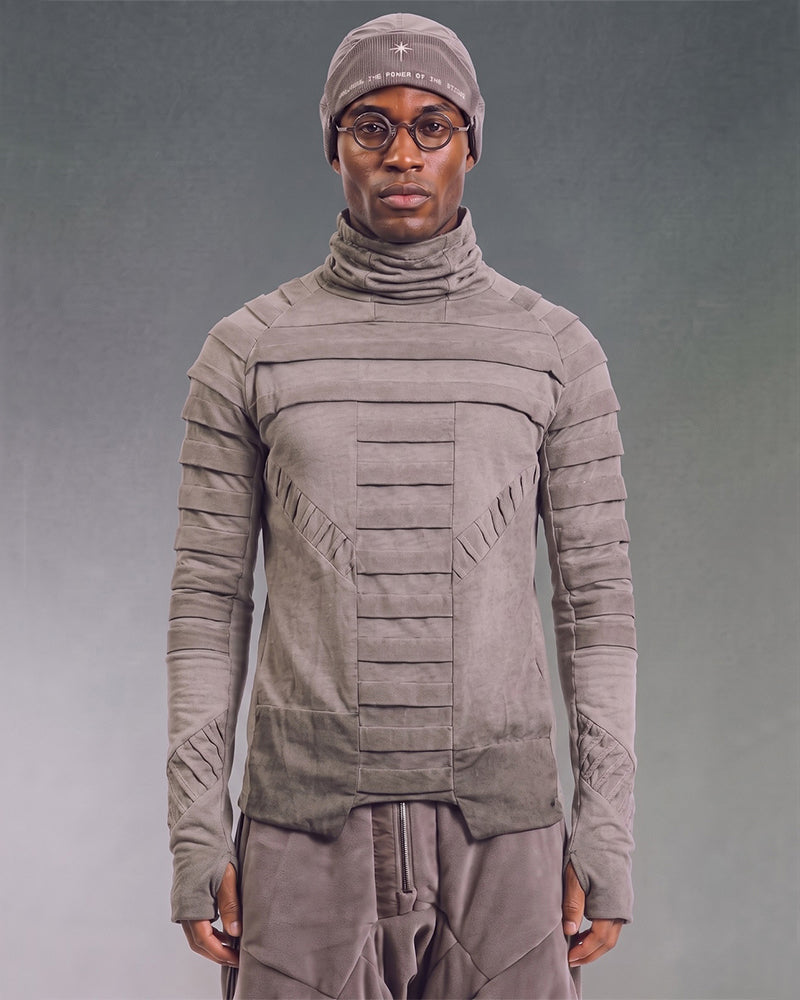 Post‑Apocalyptic Pleated High‑Collar Long‑Sleeve T-Shirt
