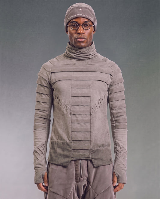 Post‑Apocalyptic Pleated High‑Collar Long‑Sleeve T-Shirt