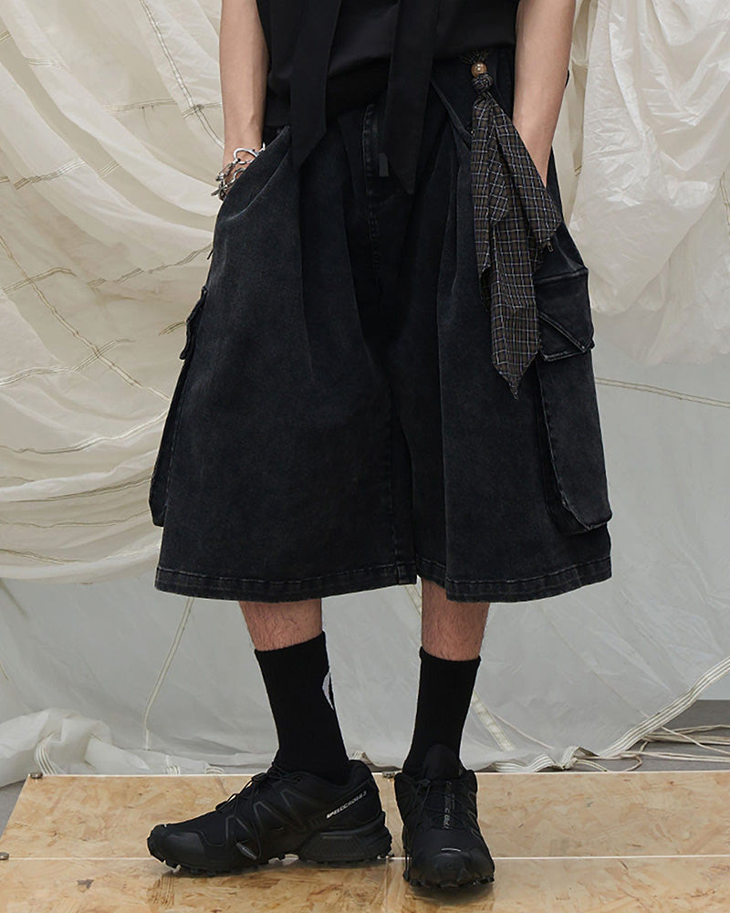 Detachable Scarf Washed Multi-Pocket Wide-Leg Shorts Black