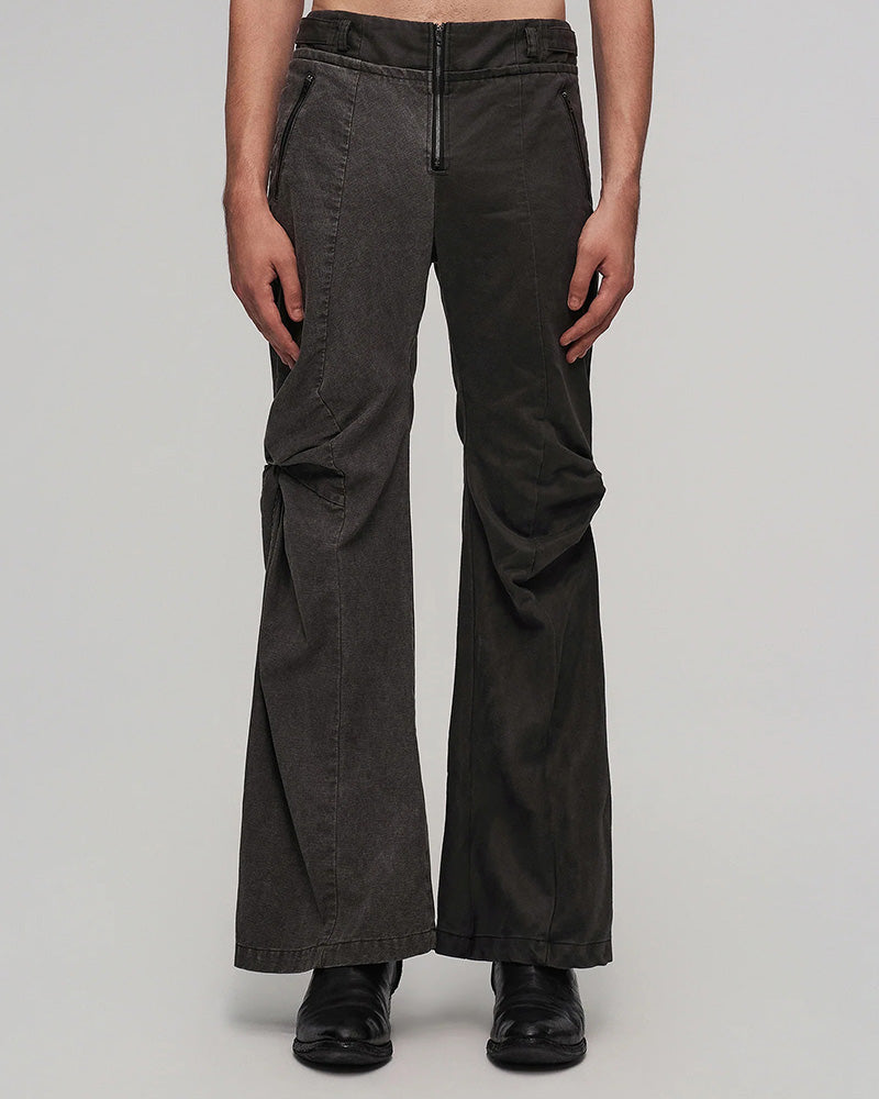 Contrast-Spliced Twist-Knee Flared Trousers