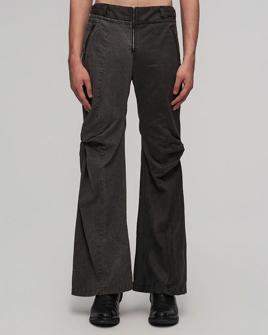 Contrast-Spliced Twist-Knee Flared Trousers
