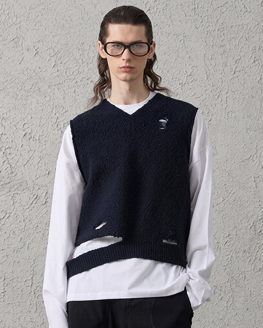 Asymmetrical Distressed Bubble-Knit Vest