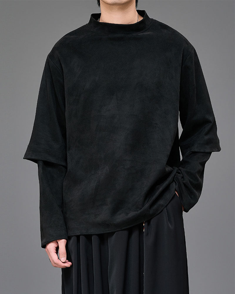 Modern Japanese Mock Neck Layered Long-Sleeve Tee