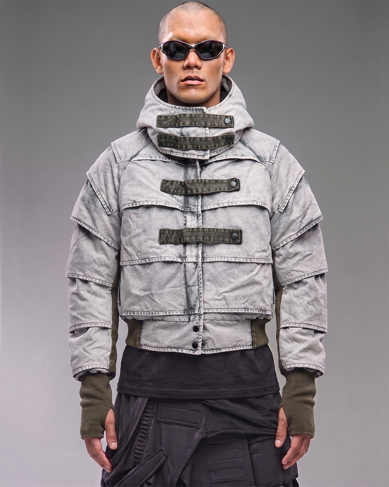 Post-Apocalyptic Distressed Pleated Cropped Hooded Jacket