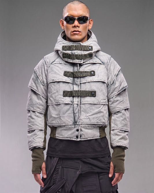 Post-Apocalyptic Distressed Pleated Cropped Hooded Jacket