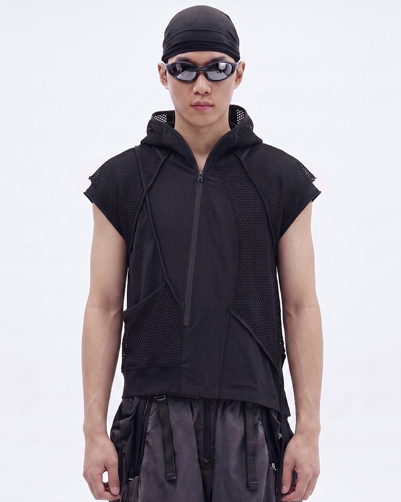 Post-Apocalyptic Mesh-Patchwork Diagonal-Zip Hooded Sleeveless T-Shirt