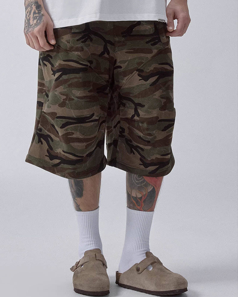 Washed Camo Oversized Curved Knee Shorts