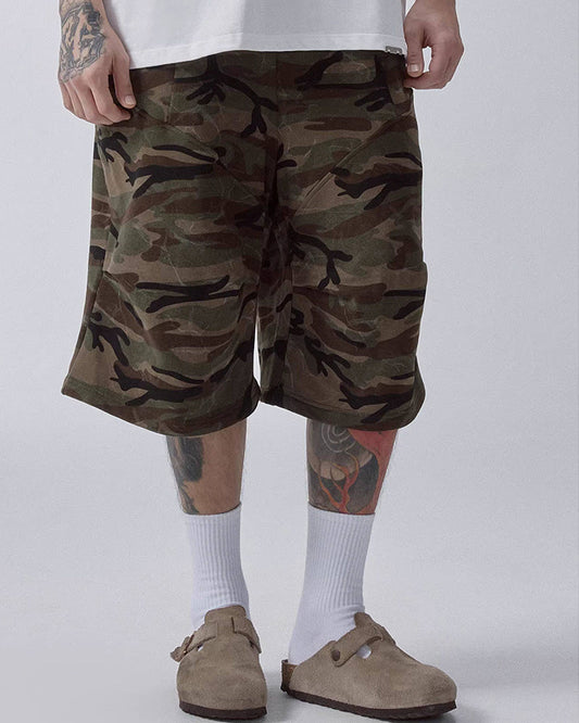 Washed Camo Oversized Curved Knee Shorts