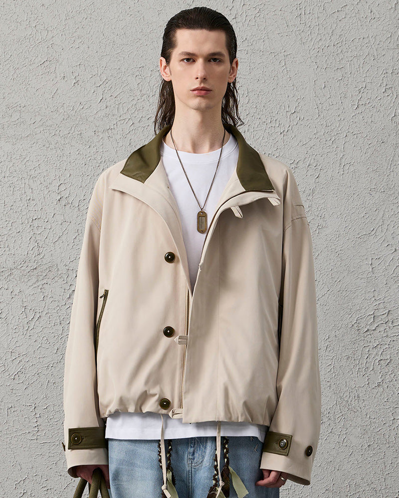 Stand Collar PU Drawstring Jacket
