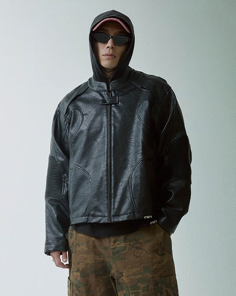 Modern Deconstructed Faux Leather Biker Jacket Black