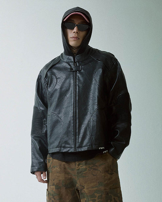 Modern Deconstructed Faux Leather Biker Jacket Black