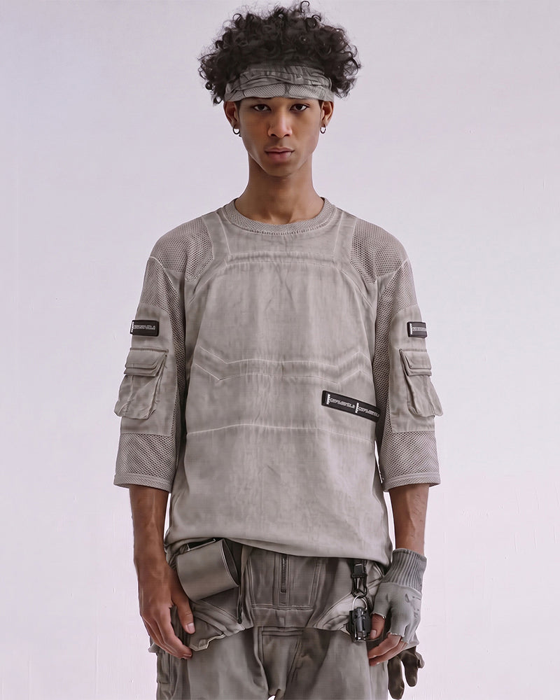 Dystopian Dirty-Dye Mesh Velcro Pocket Short Sleeve Tee