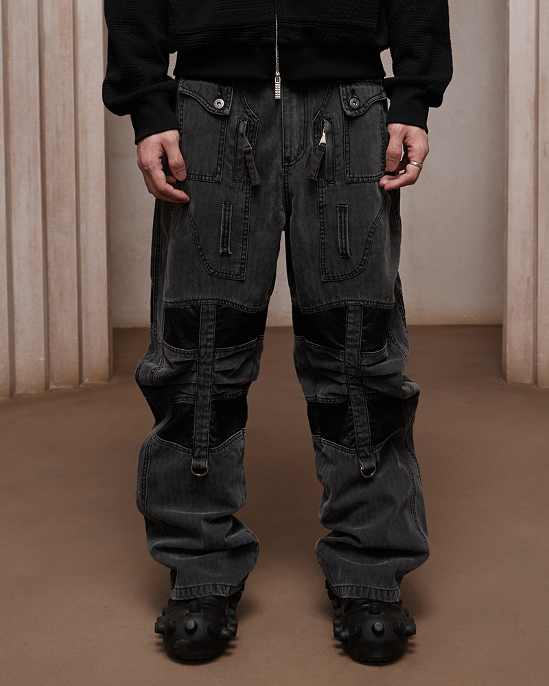 Washed Paneled Strap-Tacked Jeans