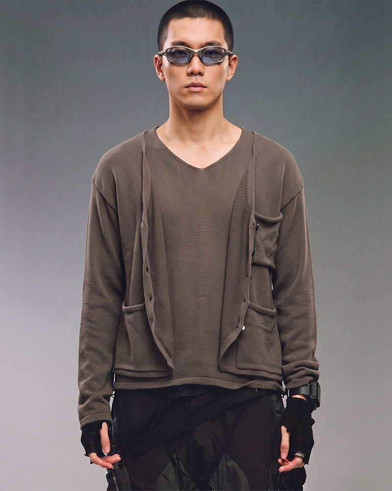 Post-Apocalyptic Faux Layer Buttoned Knit Cardigan