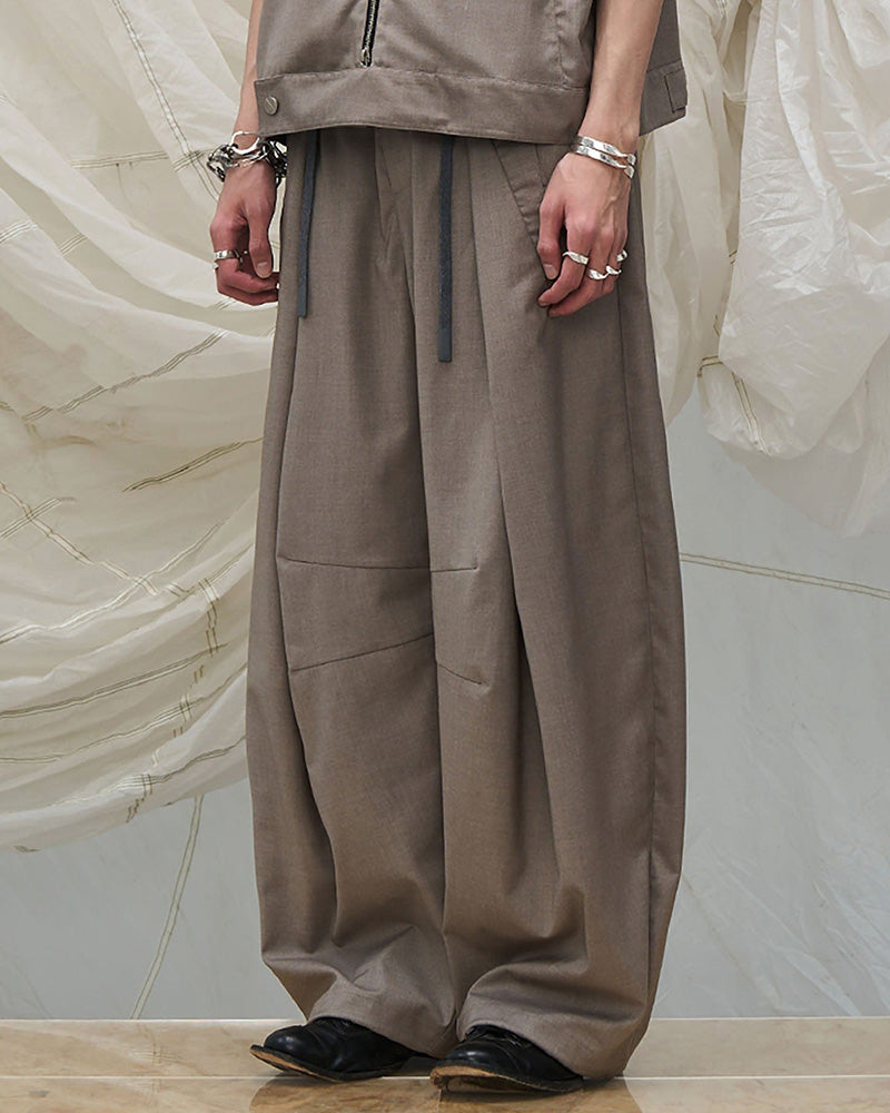 Pleated Drawstring Curved Wide-Leg Trousers