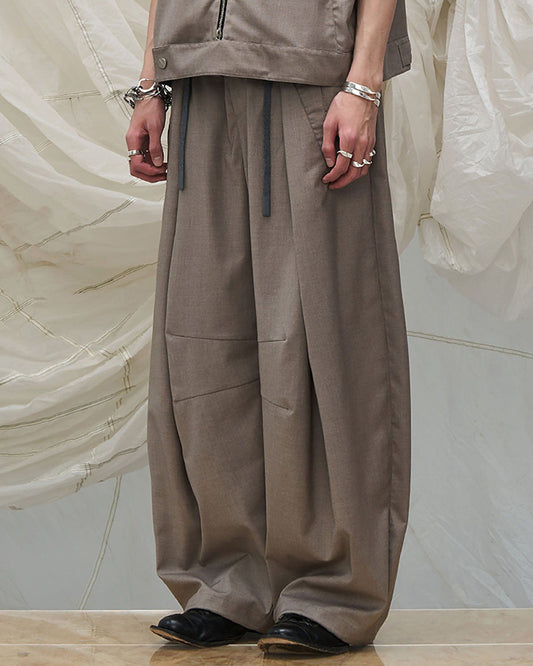 Pleated Drawstring Curved Wide-Leg Trousers