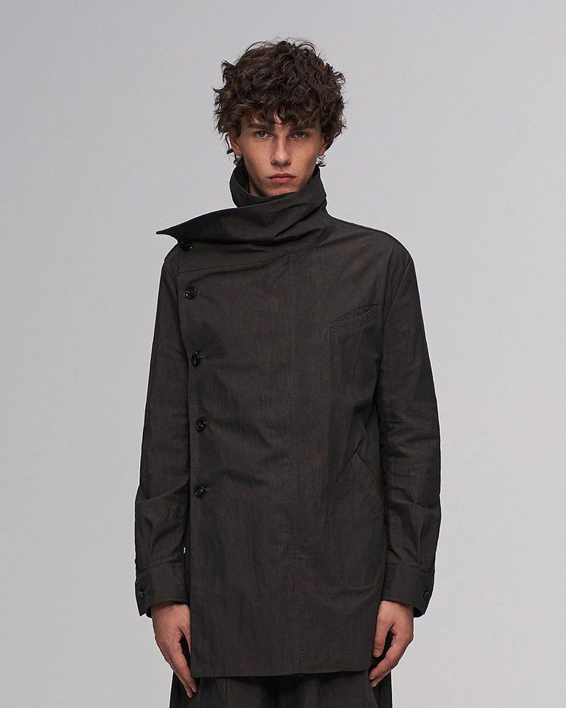 Asym Layered Wrap-Collar Shirt Coat Dark Green