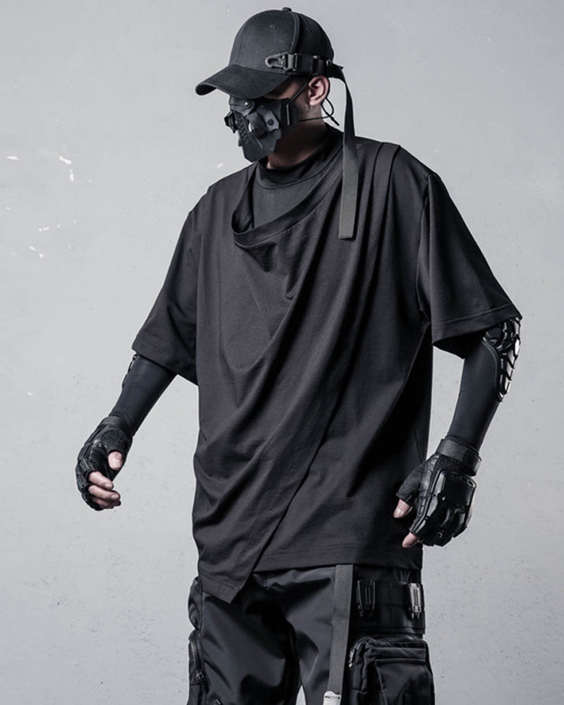 Techwear Draped Neck Asymmetrical Hem T-Shirt