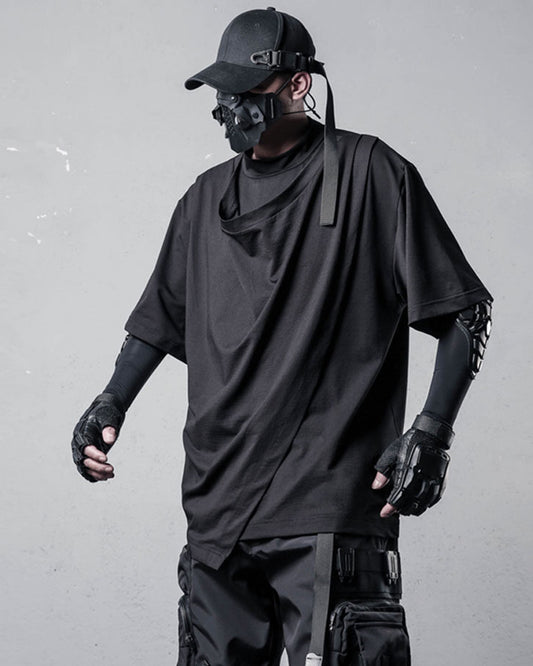 Techwear Draped Neck Asymmetrical Hem T-Shirt
