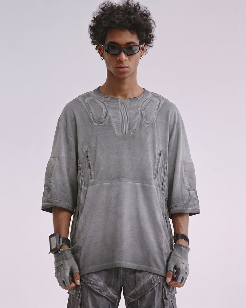 Post-Apocalyptic Dirty-Dye Mesh Panel Tactical T-Shirt