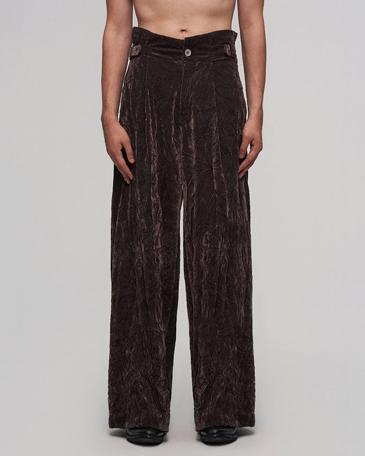Velvet High-Waisted Pleated Wide-Leg Pants