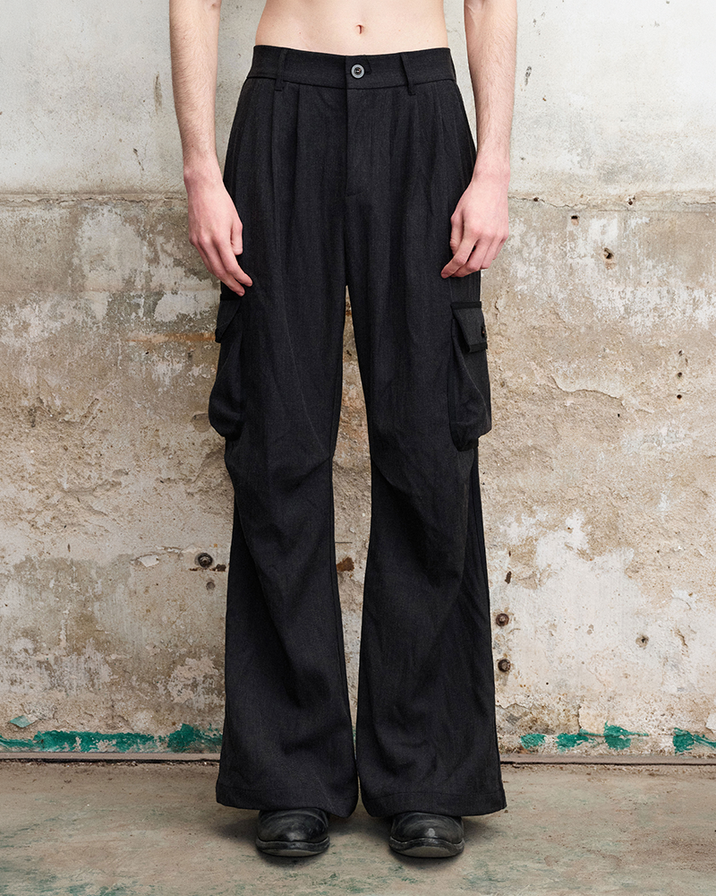 Pleated Cargo Flare Pants