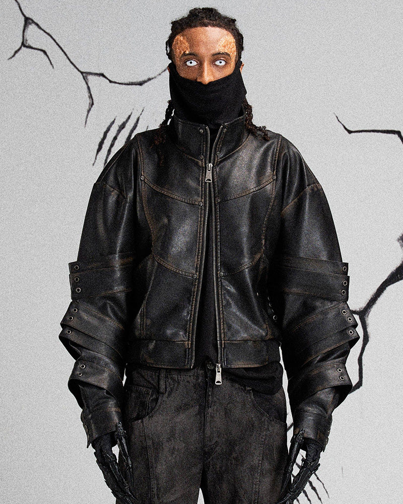 Mutation Layered Armor Spliced Faux Leather Jacket Black