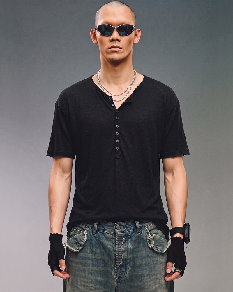 Minimal Raw Edge Button Short Sleeve T-Shirt
