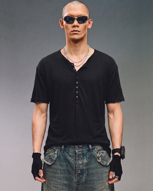 Minimal Raw Edge Button Short Sleeve T-Shirt