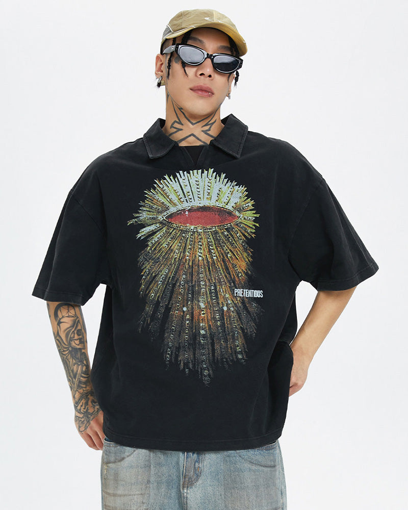 Washed Vintage Radiant Eye Print Polo T-Shirt