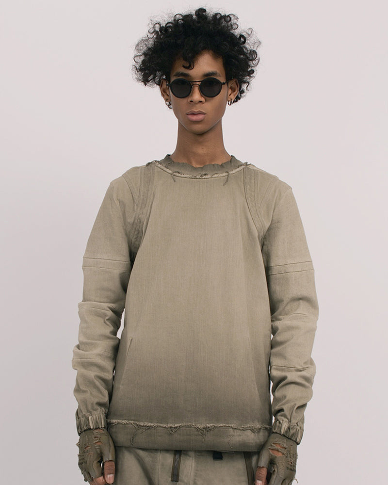 Wasteland Distressed Frayed Hem Crewneck Long-Sleeve Tee