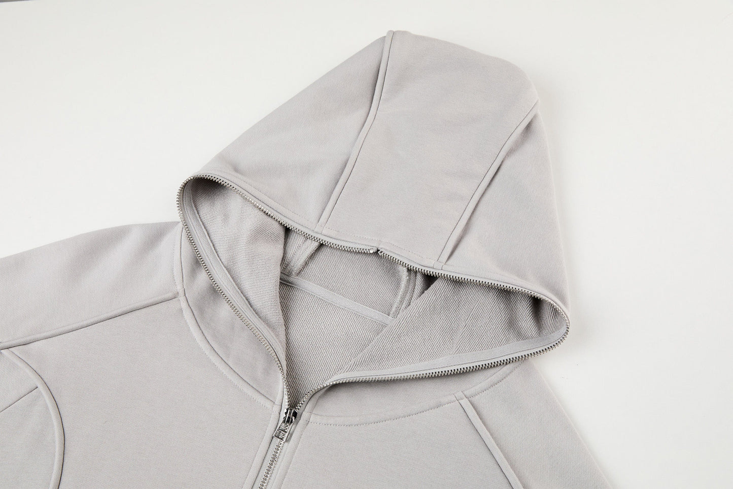 Curved Panel Drawstring-Hem Zip-Up Hoodie