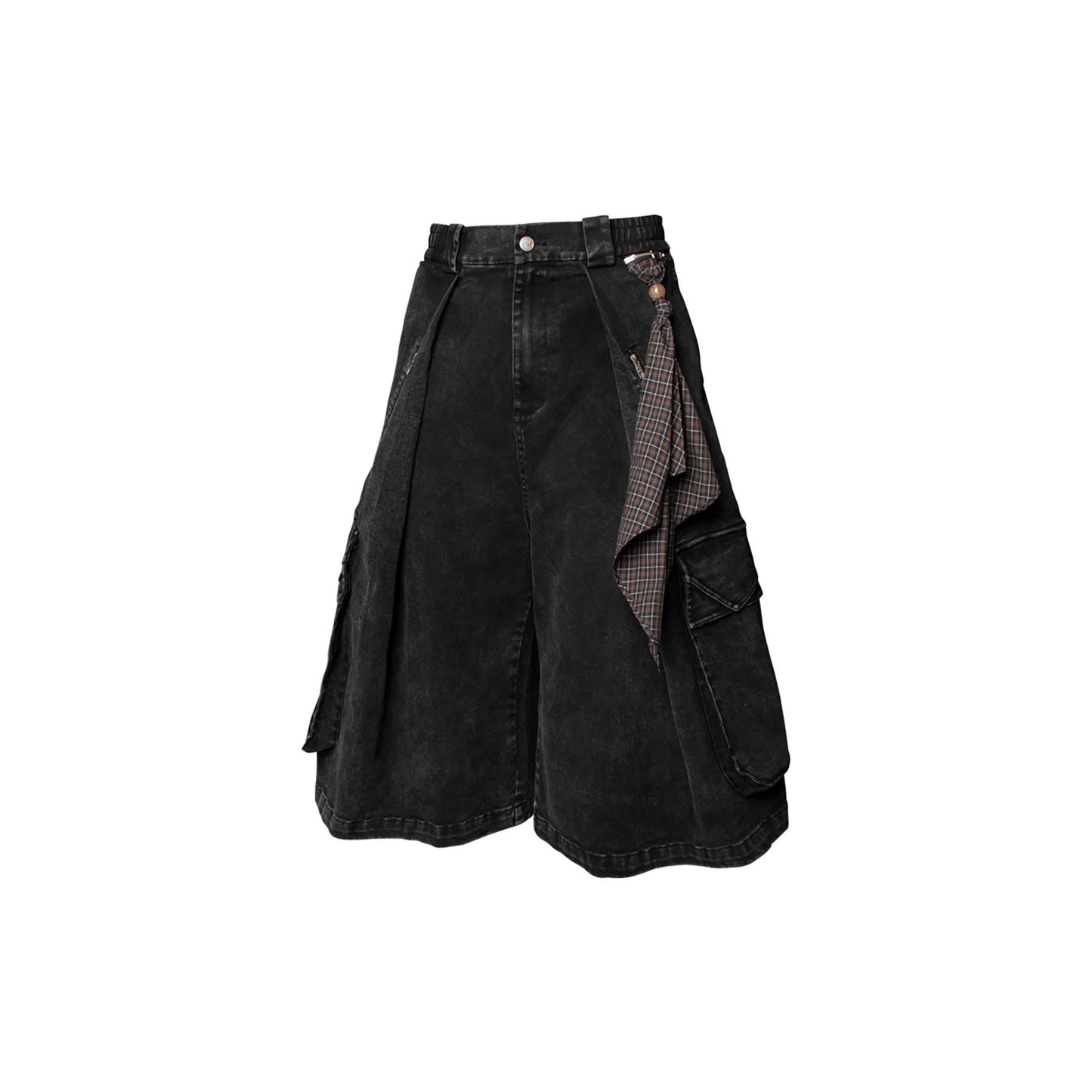 Detachable Scarf Washed Multi-Pocket Wide-Leg Shorts Black