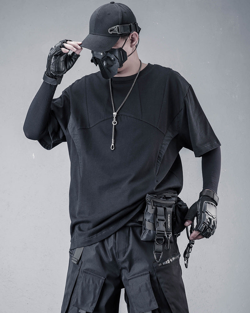 Techwear Deconstructed Black Patchwork T-Shirt