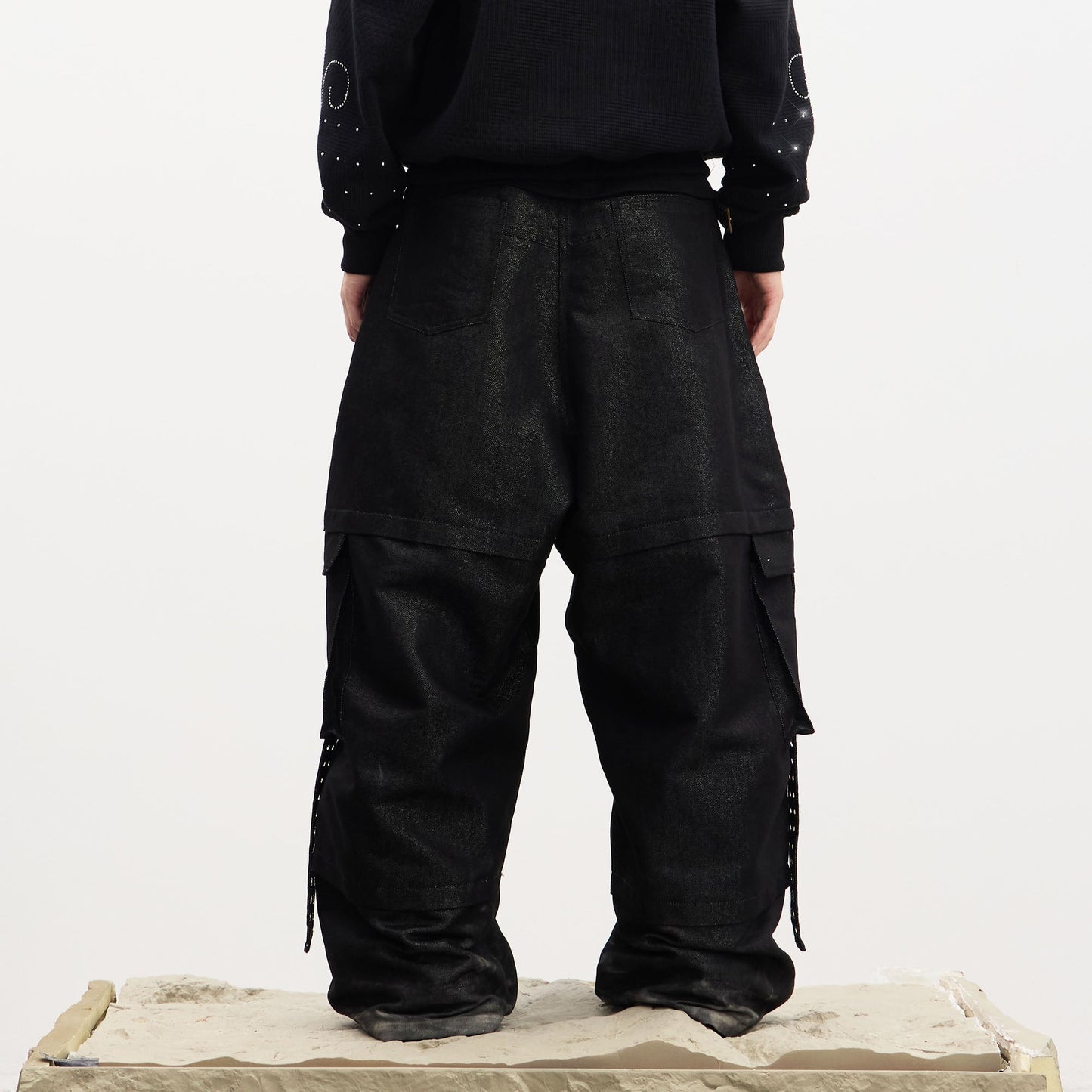 Drawstring Ruched Coated Cargo Jeans