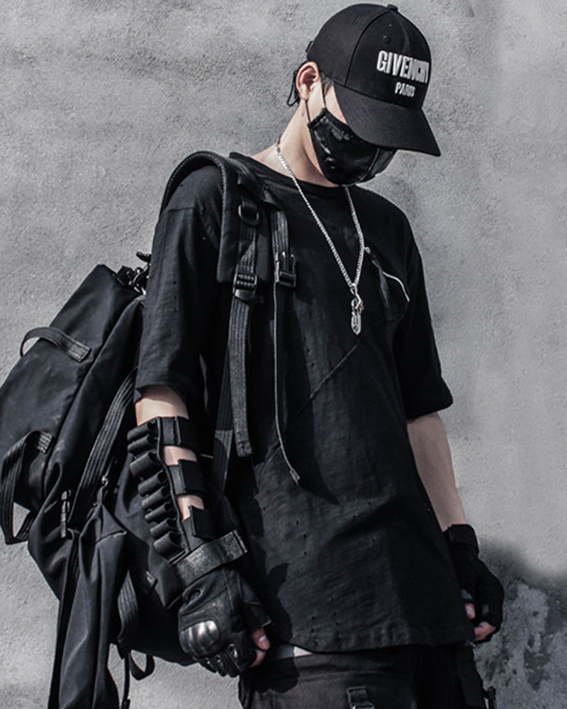 Diagonal Zip Distressed Techwear T-Shirt