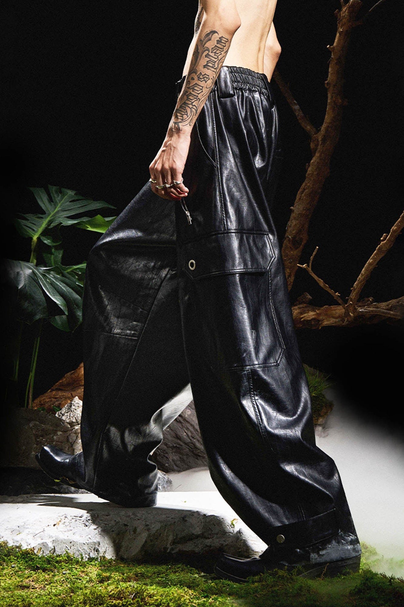 Multi-Pocket Pleated Faux Leather Wide-Leg Pants