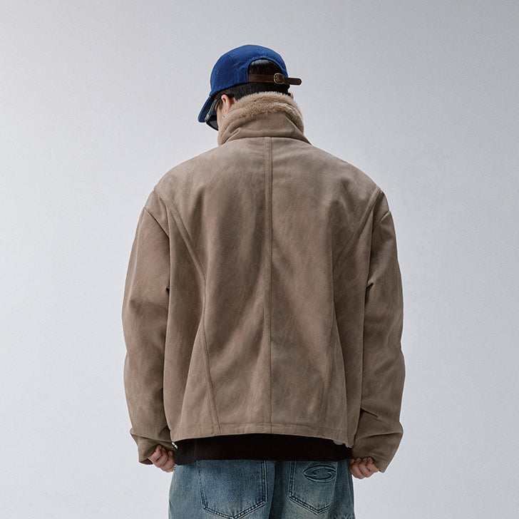 Aged Suede Faux Fur High-Collar Jacket