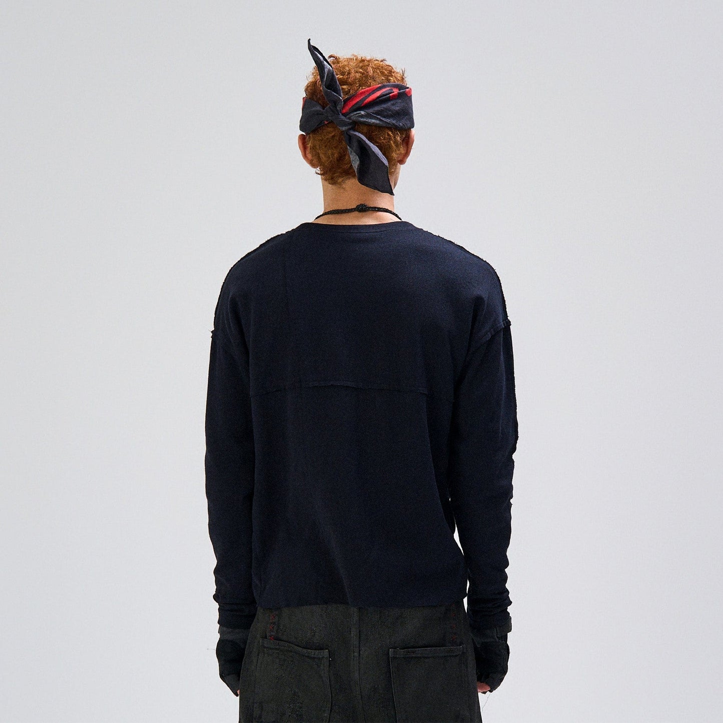 Cross-Panel Contrast Frayed Embroidered Long-Sleeve Tee