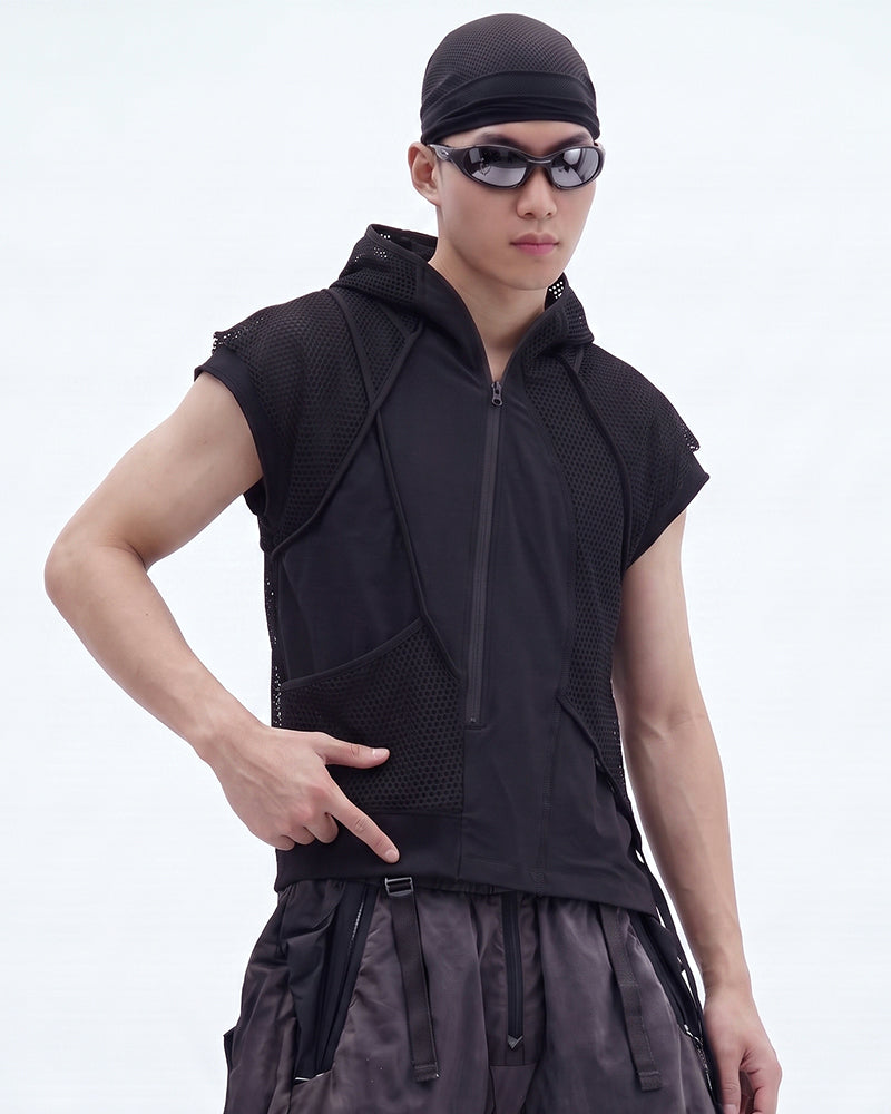 Post-Apocalyptic Mesh-Patchwork Diagonal-Zip Hooded Sleeveless T-Shirt