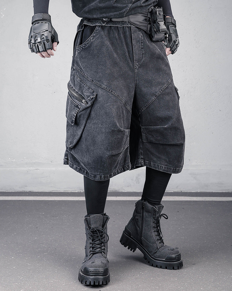 Washed Black Denim Techwear Cargo Shorts
