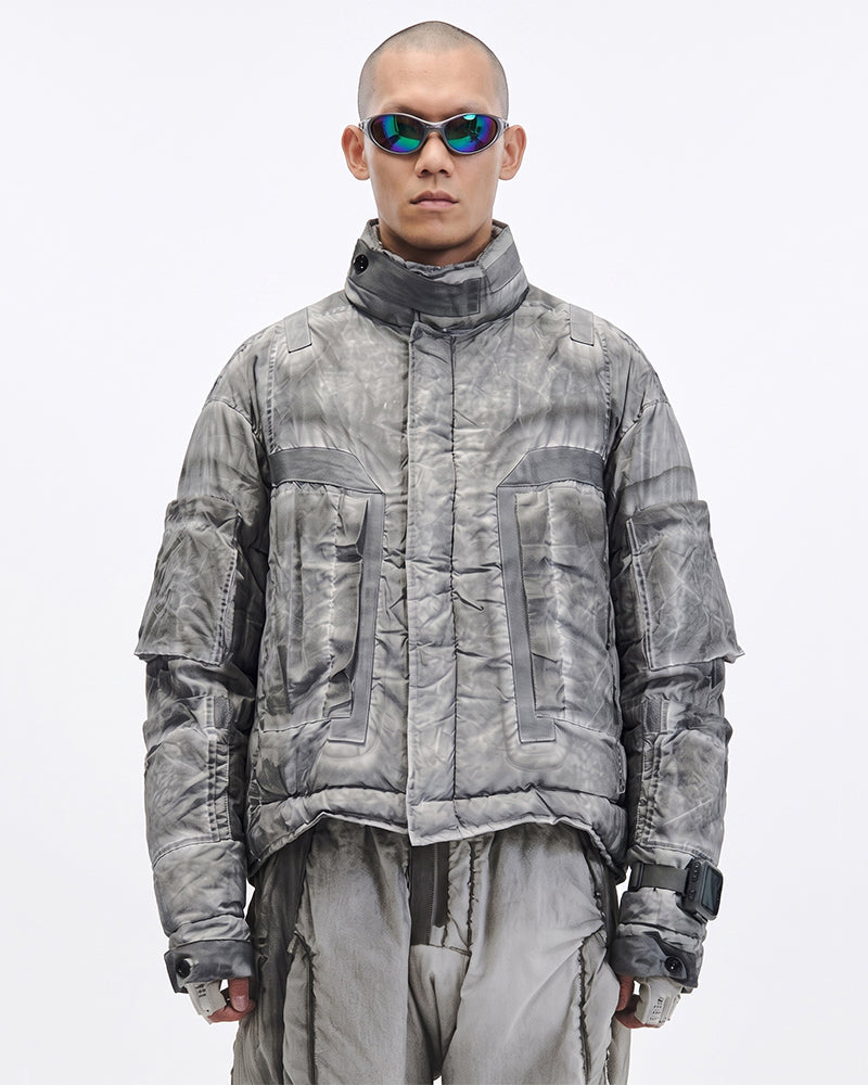 Dystopian Distressed Cropped Multi-Pocket Down Jacket